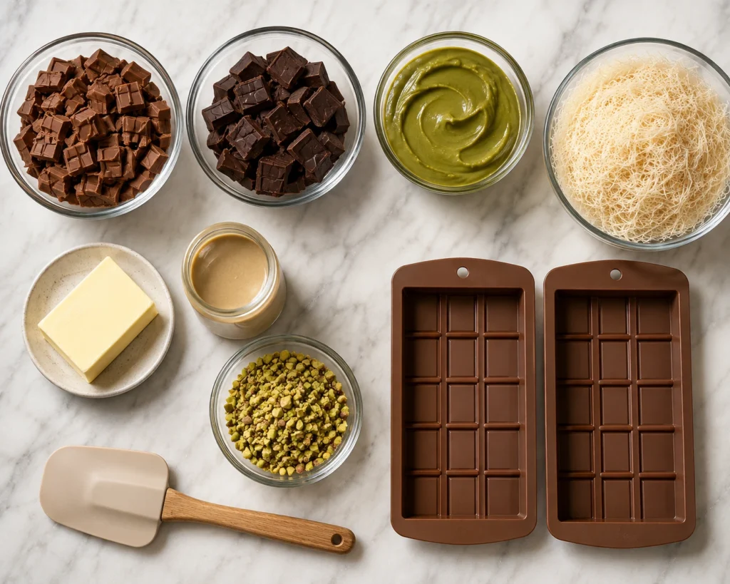 Flat-lay of Dubai chocolate ingredients including milk chocolate, dark chocolate, pistachio cream, kataifi pastry, butter, tahini, crushed pistachios, silicone chocolate molds, and a spatula on a marble countertop.