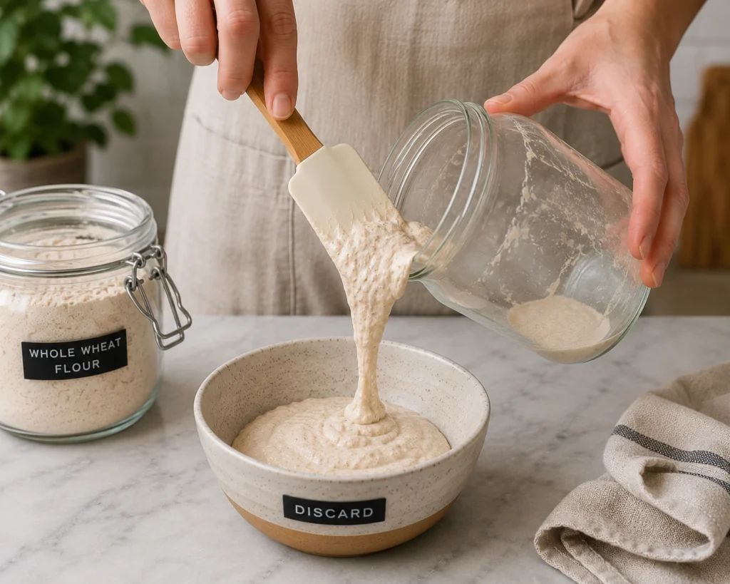 Silicone spatula scraping excess sourdough starter from a glass jar into a discard bowl, leaving a small measured portion of active starter at the bottom of the jar for the next feeding.