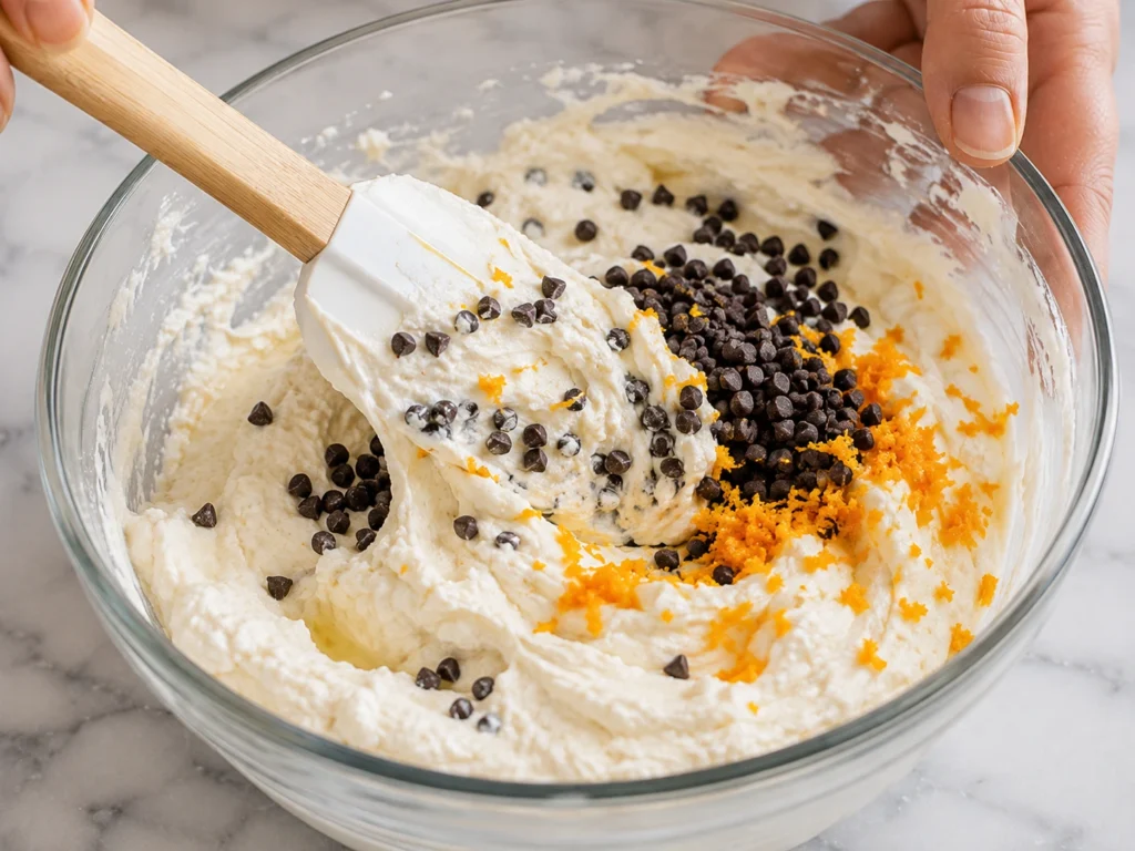 Creamy ricotta cannoli filling being mixed with powdered sugar and mini chocolate chips.
