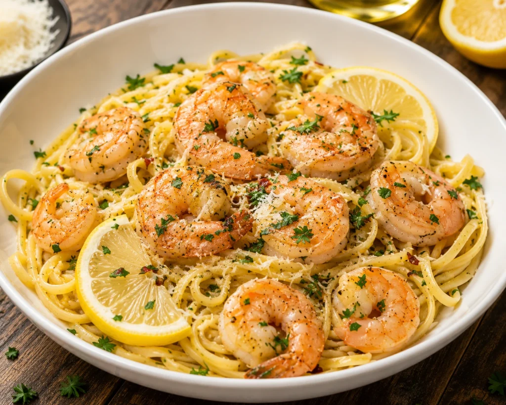 Shrimp scampi tossed with linguine pasta and served in a bowl with fresh lemon and parsley.