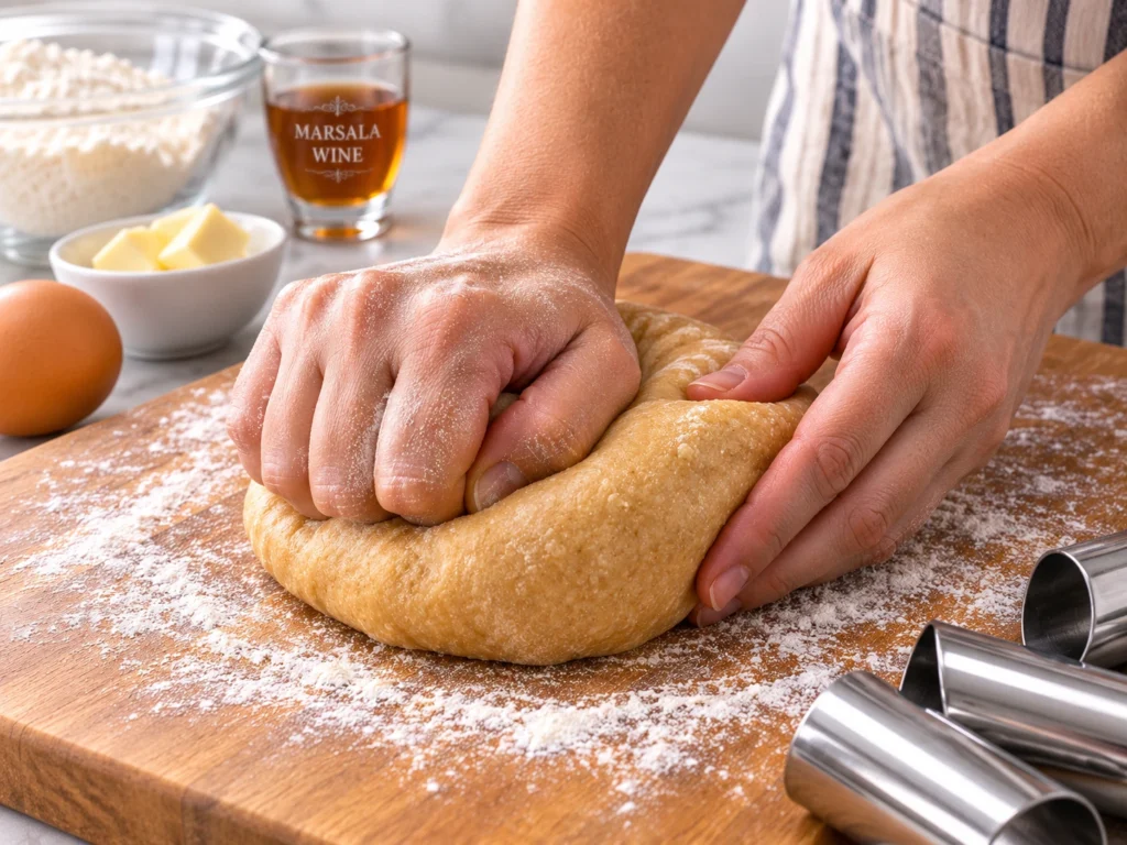 Cannoli pastry dough being kneaded until smooth before rolling and frying.