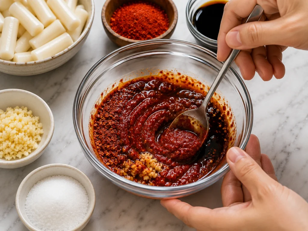 Mixing gochujang, gochugaru, soy sauce, and garlic in a glass bowl to make tteokbokki sauce paste.