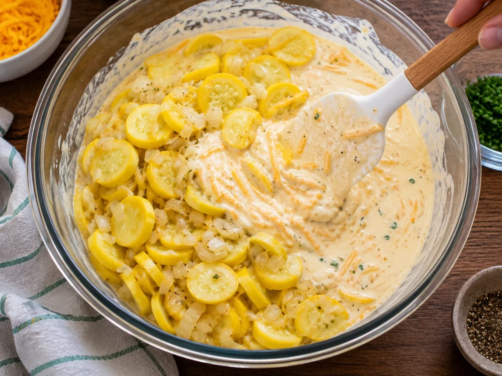 Cooked yellow squash being mixed with a creamy cheesy filling for squash casserole.