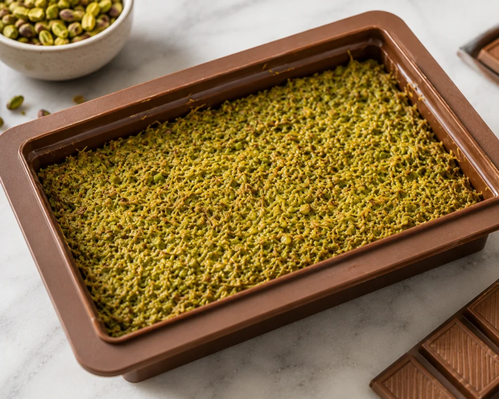 Silicone chocolate bar mold filled with a thick layer of creamy pistachio and crispy toasted kataifi filling, leaving space for the final milk chocolate layer.