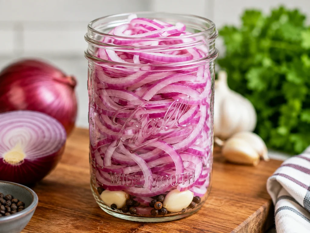 Thinly sliced red onions packed into a glass jar before adding the pickling brine.
