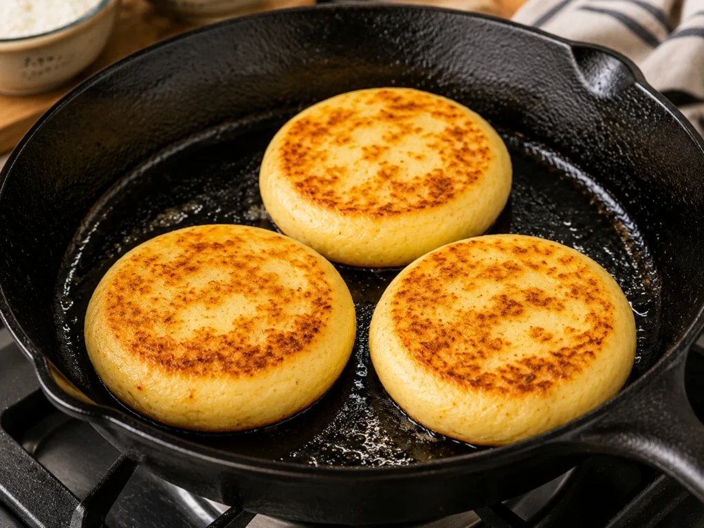 Homemade arepas cooking in a skillet until golden brown and crispy on the outside.