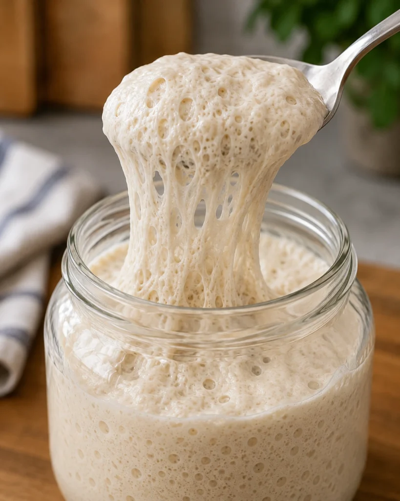Metal spoon lifting a fluffy, bubbly scoop of active sourdough starter from a glass jar, showcasing its airy texture, stretchy gluten strands, and web-like fermentation bubbles.