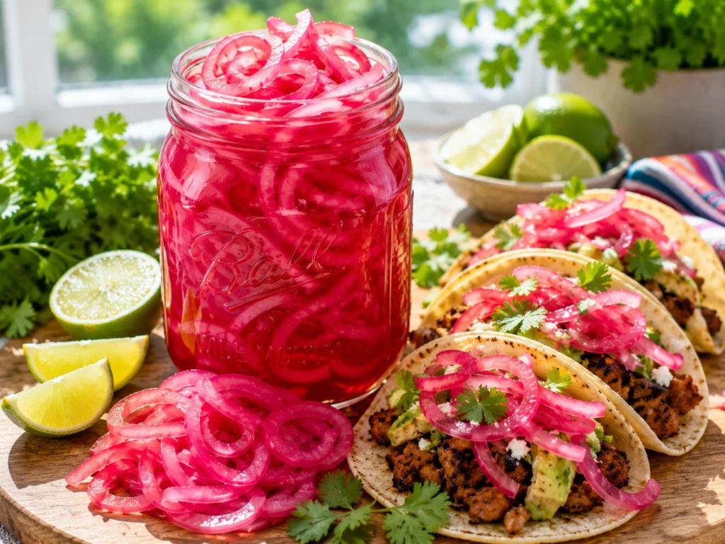 Quick homemade pickled red onions in a glass jar with crisp pink onion slices ready to serve.