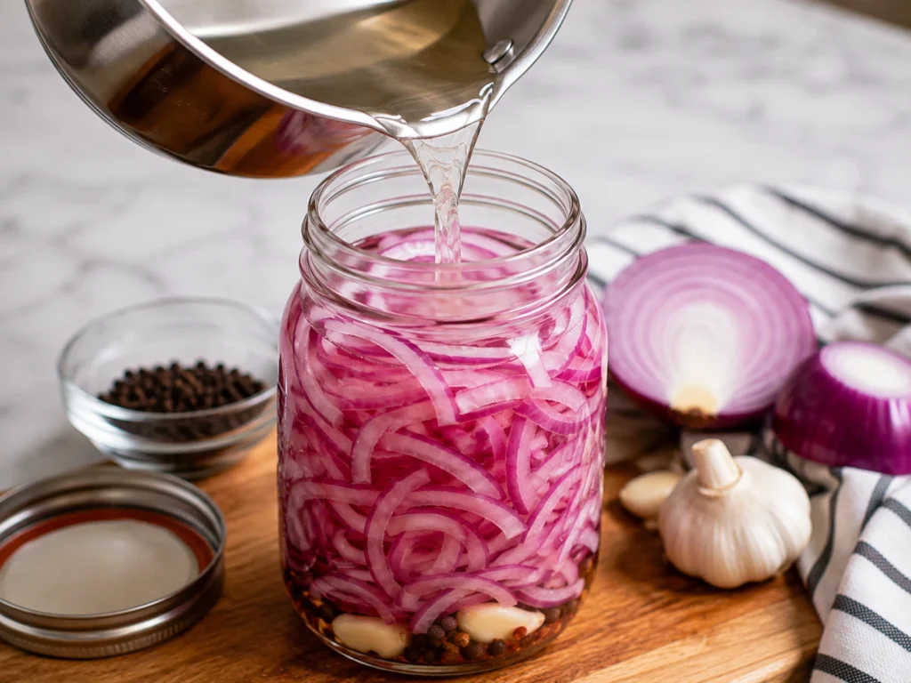 Warm vinegar pickling brine being poured over sliced red onions in a glass jar.