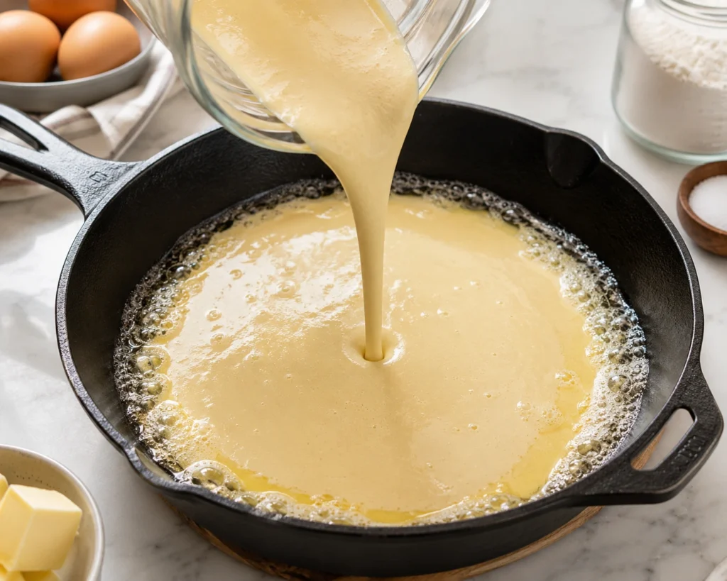Smooth Dutch baby pancake batter being poured into a hot buttered cast iron skillet with bubbling butter around the edges before baking.
