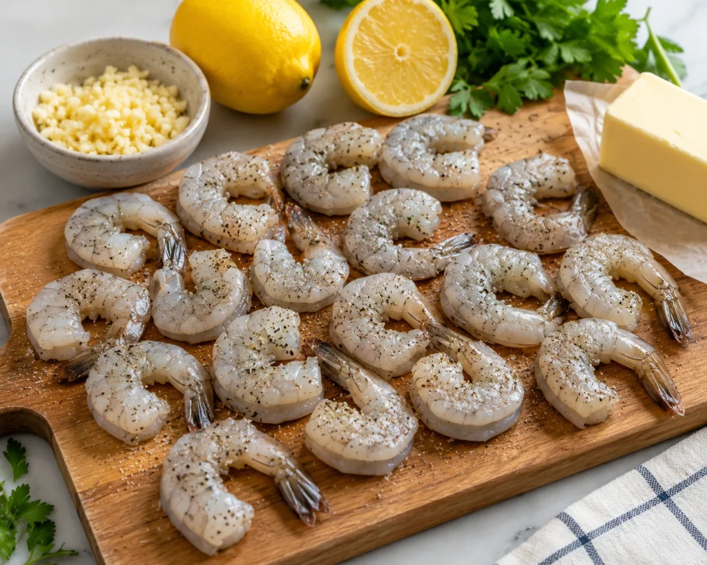 Raw shrimp seasoned with salt and black pepper ready to be cooked for scampi.
