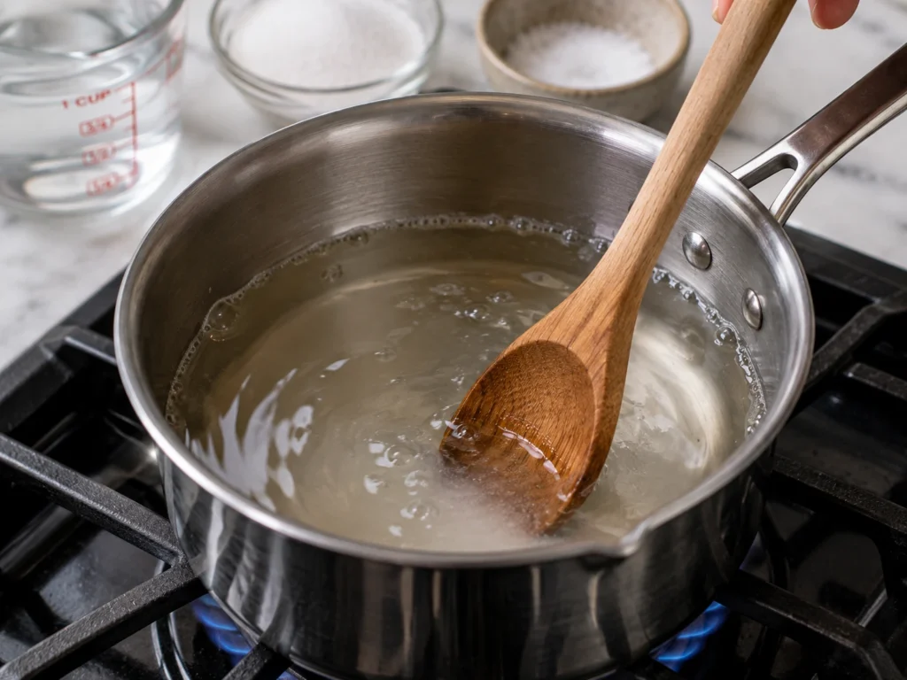 Vinegar, water, sugar, and salt heating together to make a pickling brine for red onions.