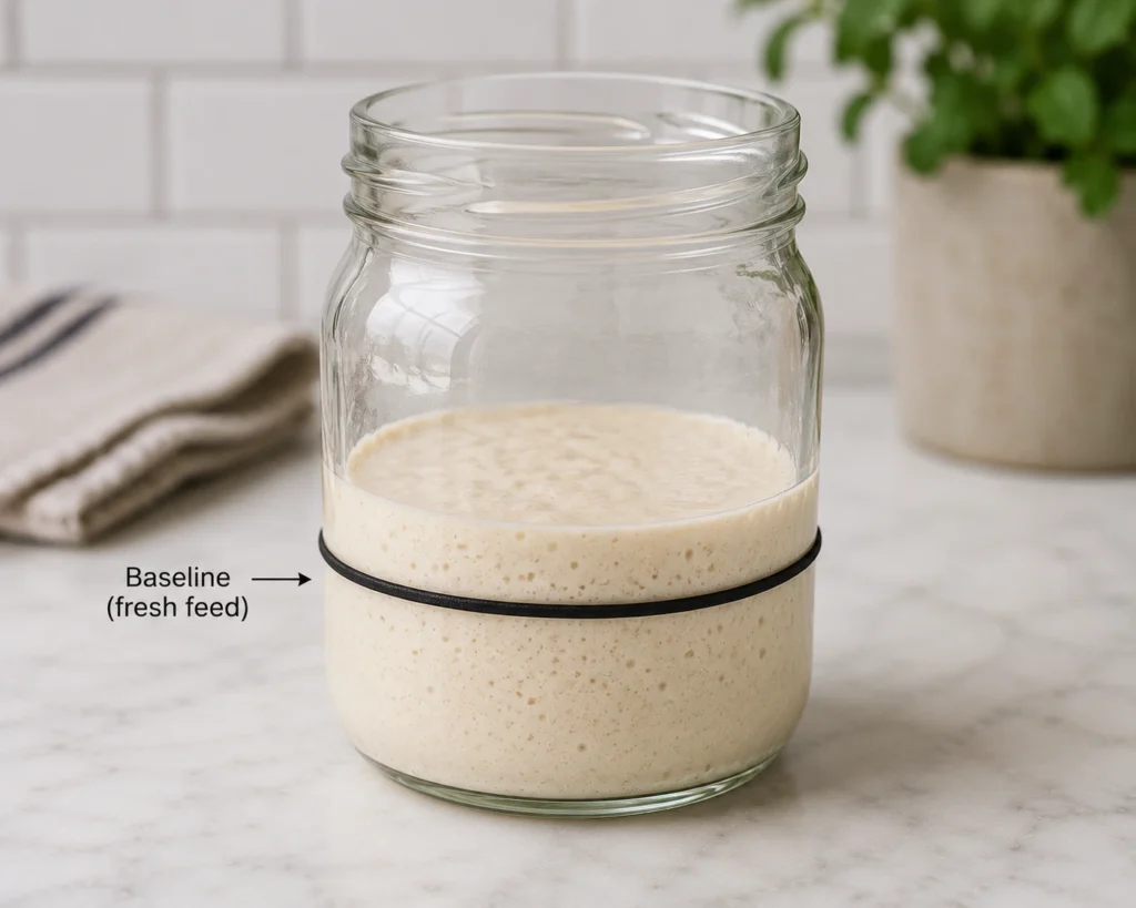 Freshly fed sourdough starter in a clear glass jar with a black rubber band marking the starting level for tracking fermentation and rise before the next feeding.