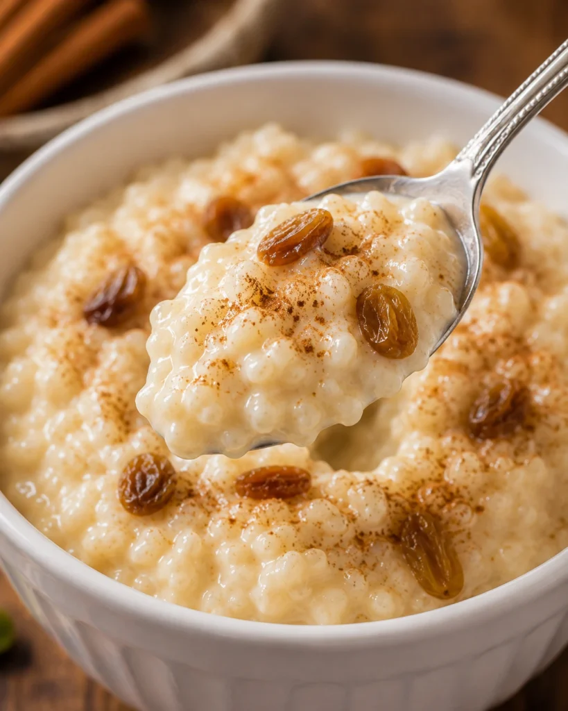 Spoon serving warm homemade rice pudding with cinnamon and raisins.