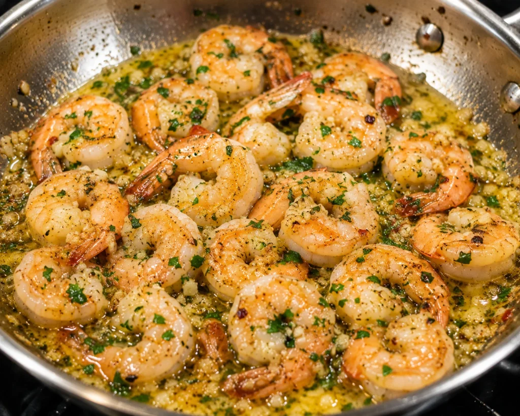 Cooked shrimp tossed back into the finished garlic lemon butter scampi sauce with parsley.
