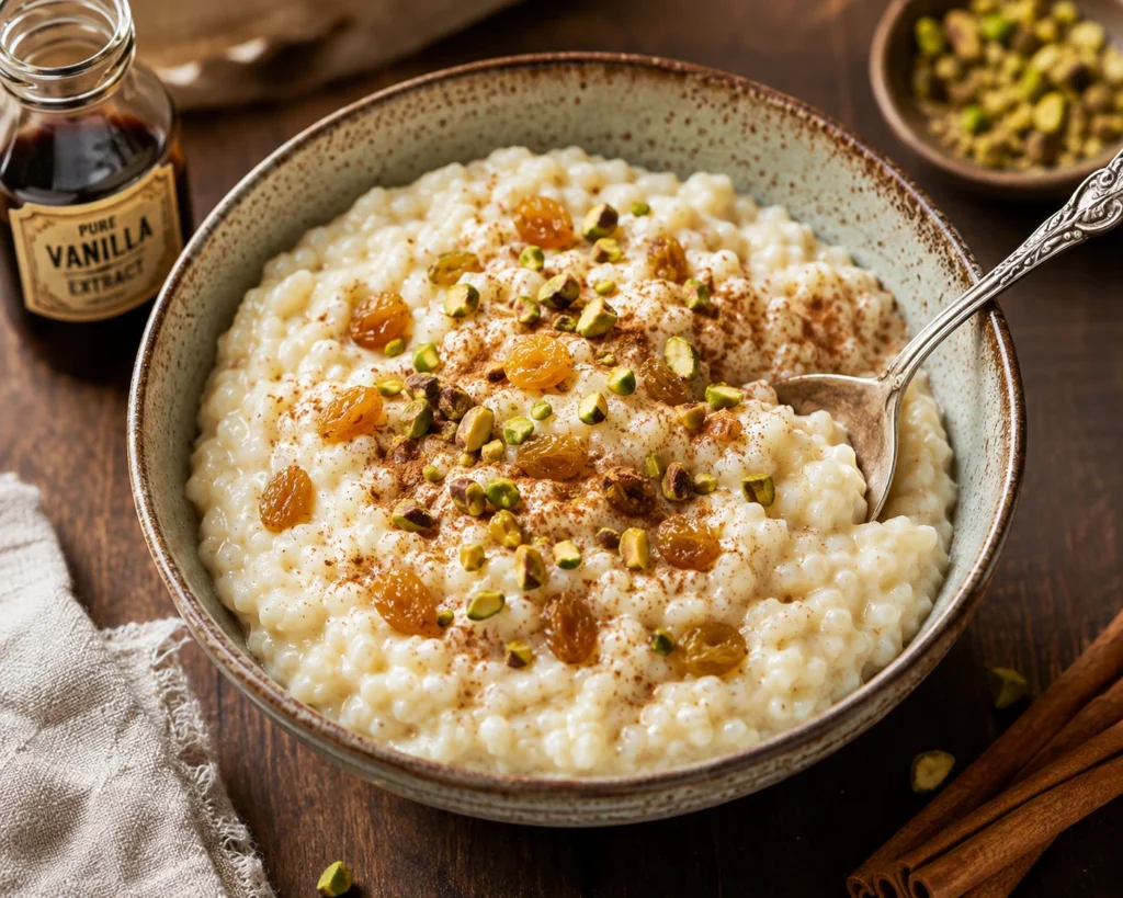 Creamy homemade rice pudding topped with cinnamon and raisins in a ceramic bowl.