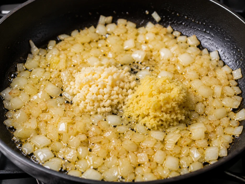 Onions, garlic, and fresh ginger sautéing as the base for chicken tikka masala sauce.