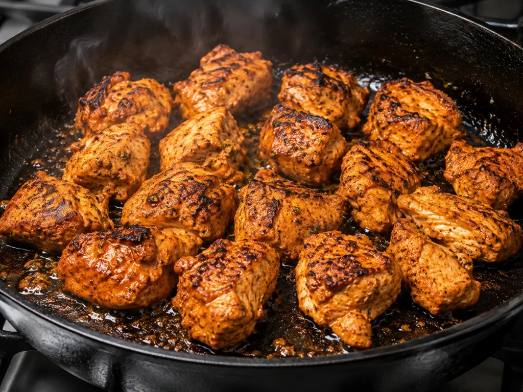 Yogurt-marinated chicken pieces browning in a hot skillet for chicken tikka masala.