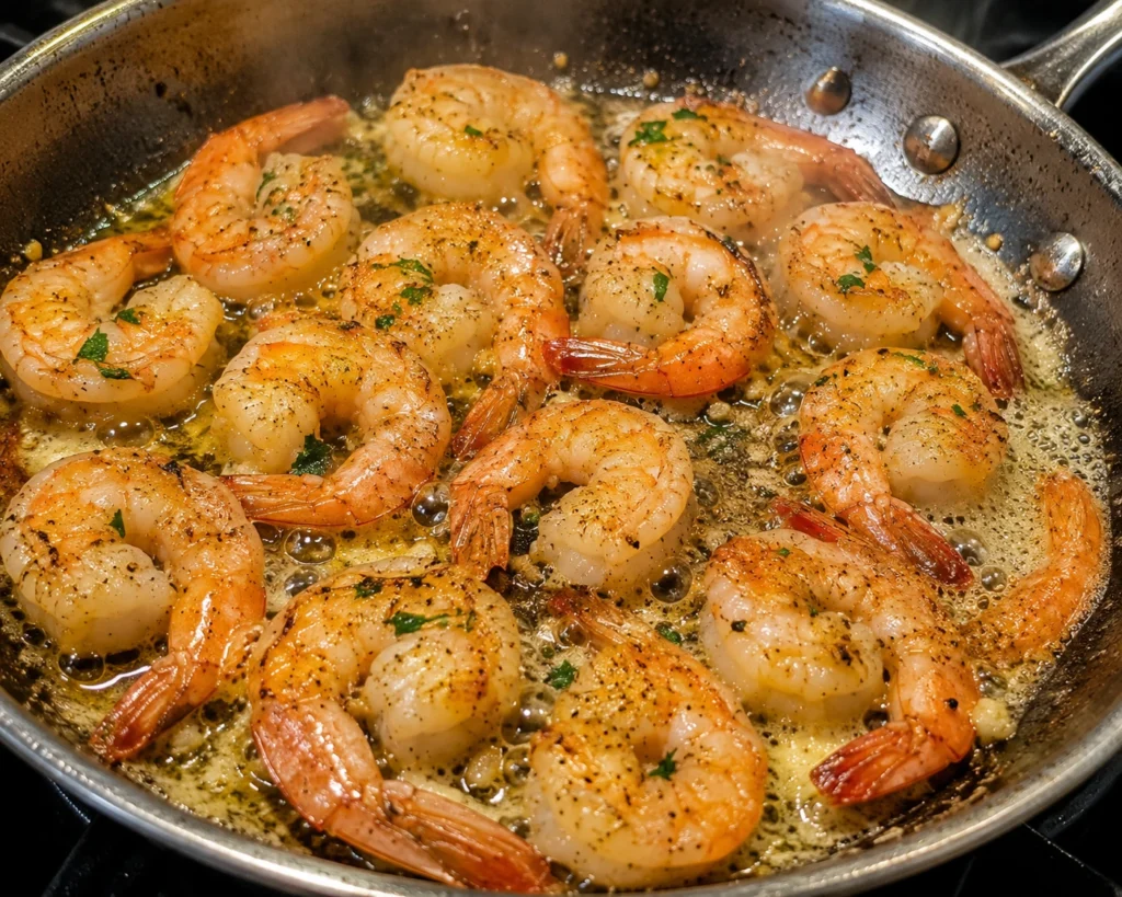 Large raw shrimp searing in a hot buttered skillet for shrimp scampi.