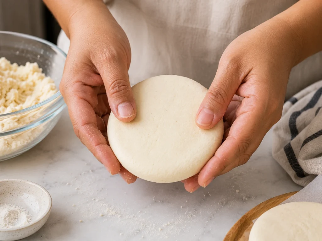Hands shaping homemade arepa dough into thick round corn cakes before cooking.