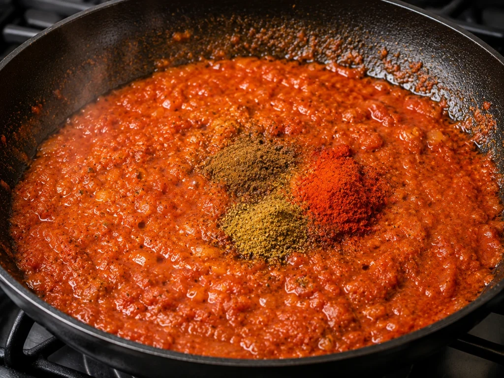 Tomato-based tikka masala sauce simmering with aromatic Indian spices in a skillet.