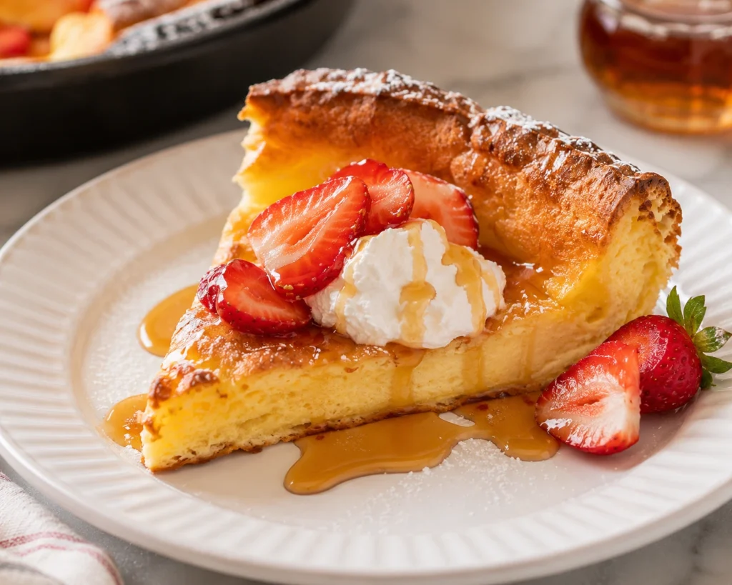 Slice of Dutch baby pancake with a fluffy custard center and crispy golden edge, topped with whipped cream, fresh strawberries, and maple syrup on a white plate.