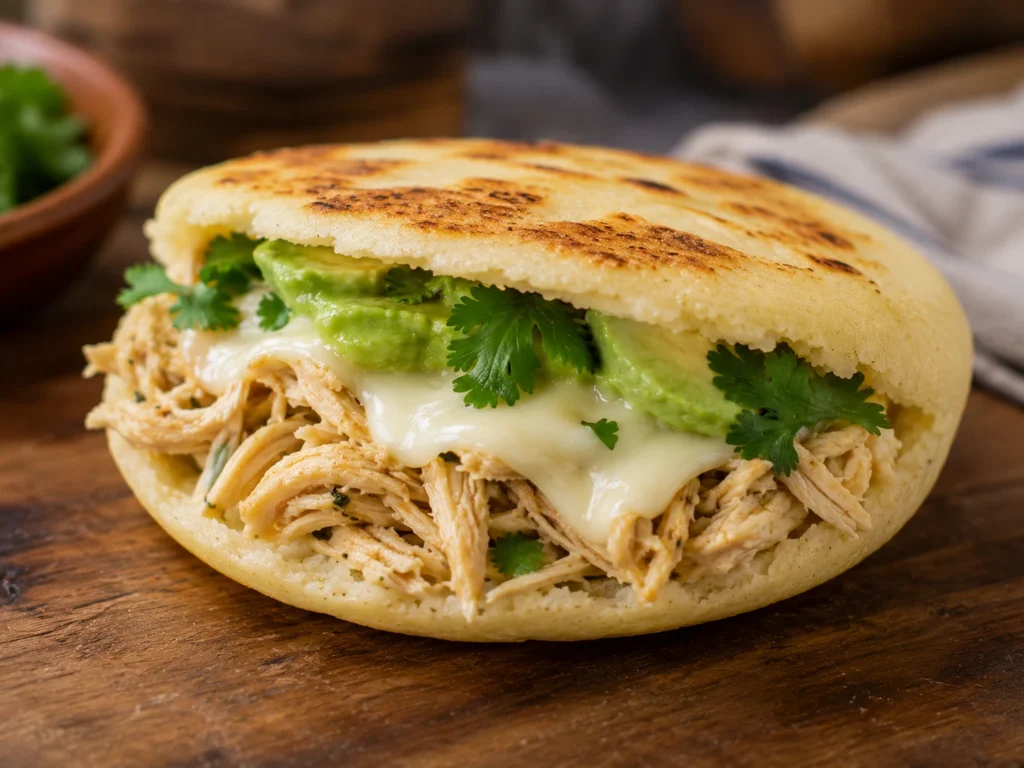 Stuffed arepa filled with shredded chicken, creamy avocado, melted cheese, and fresh herbs.