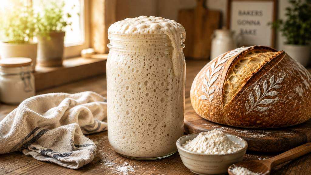 Active homemade sourdough starter overflowing from a glass jar beside artisan sourdough bread, flour, and baking tools on a rustic wooden countertop in natural morning light.