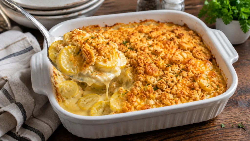 Creamy yellow squash casserole topped with melted cheddar cheese and crispy buttery cracker crumbs.