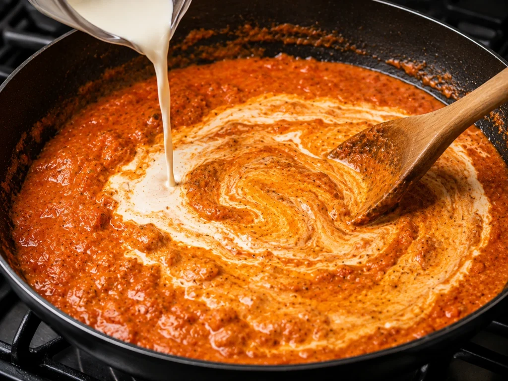 Cream being stirred into a rich tomato tikka masala sauce until smooth and creamy.