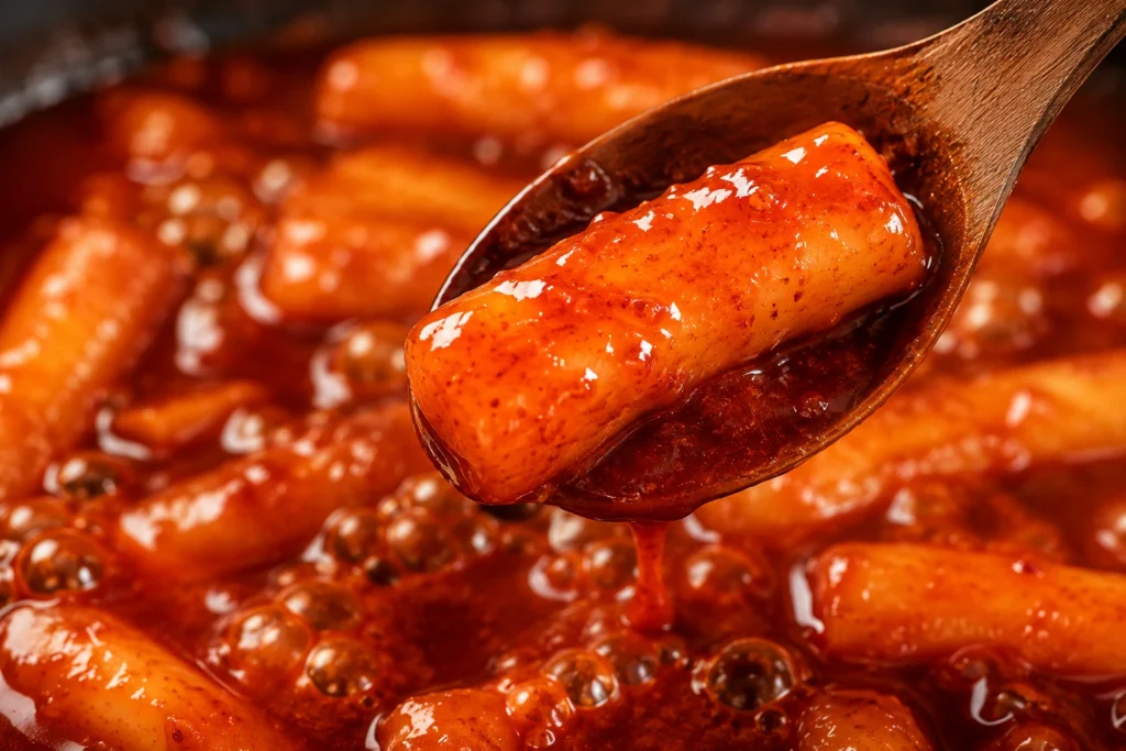 Close-up shot of thick, glossy red tteokbokki sauce coating a soft Korean rice cake.