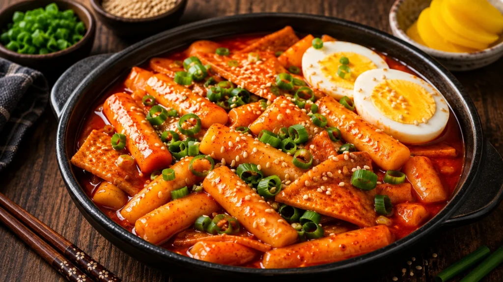 Homemade tteokbokki with chewy Korean rice cakes, spicy gochujang sauce, fish cakes, green onions, and boiled eggs.