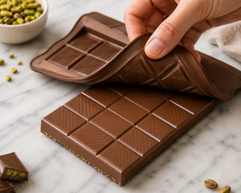 Hand peeling back a flexible silicone mold to reveal a glossy homemade Dubai chocolate bar with a smooth milk chocolate shell on a marble countertop.