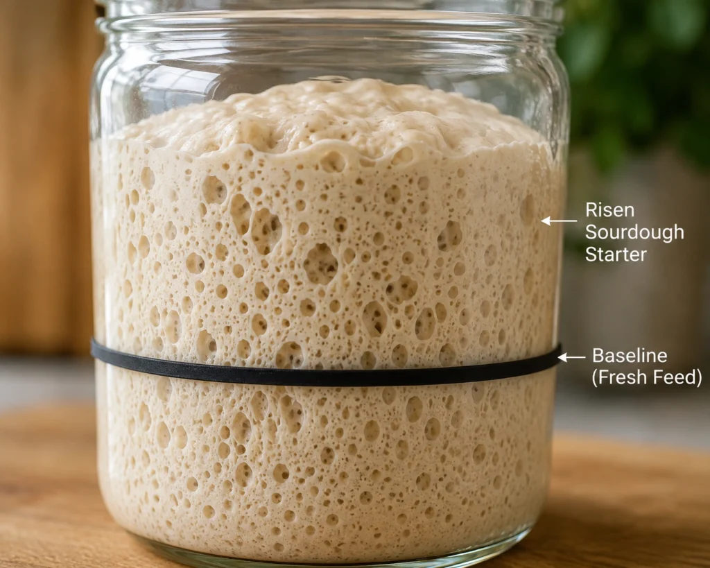 Close-up of an active sourdough starter in a glass jar with airy bubbles and a sponge-like texture, rising well above the rubber band marker after feeding.