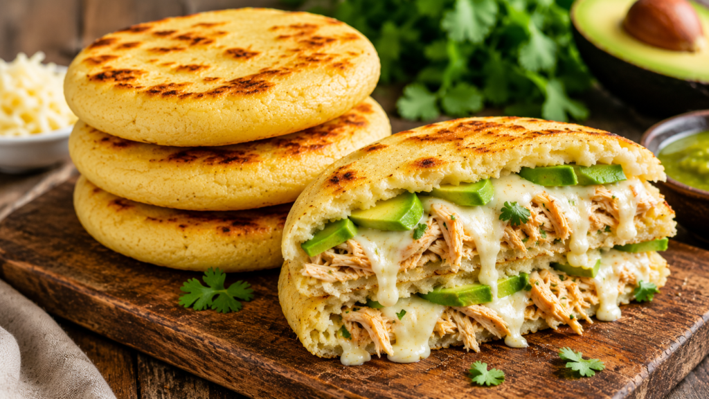 Homemade arepas with golden crispy edges and soft centers served with cheese, avocado, and shredded chicken.
