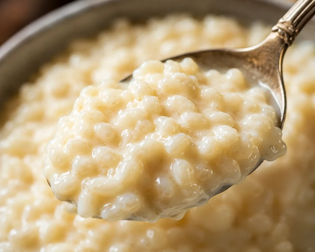 Close-up of creamy rice pudding showing tender rice grains in a thick milk-based dessert.