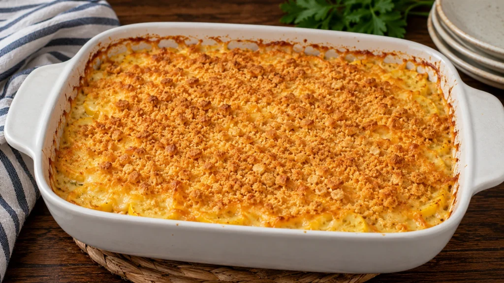 Serving spoon lifting creamy yellow squash casserole with tender squash and a crispy buttery topping.