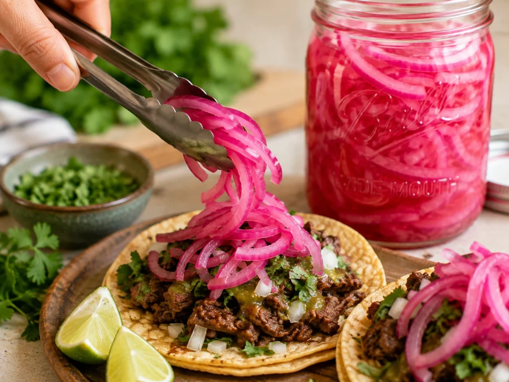 Crisp homemade pickled red onions served on tacos as a tangy colorful topping.